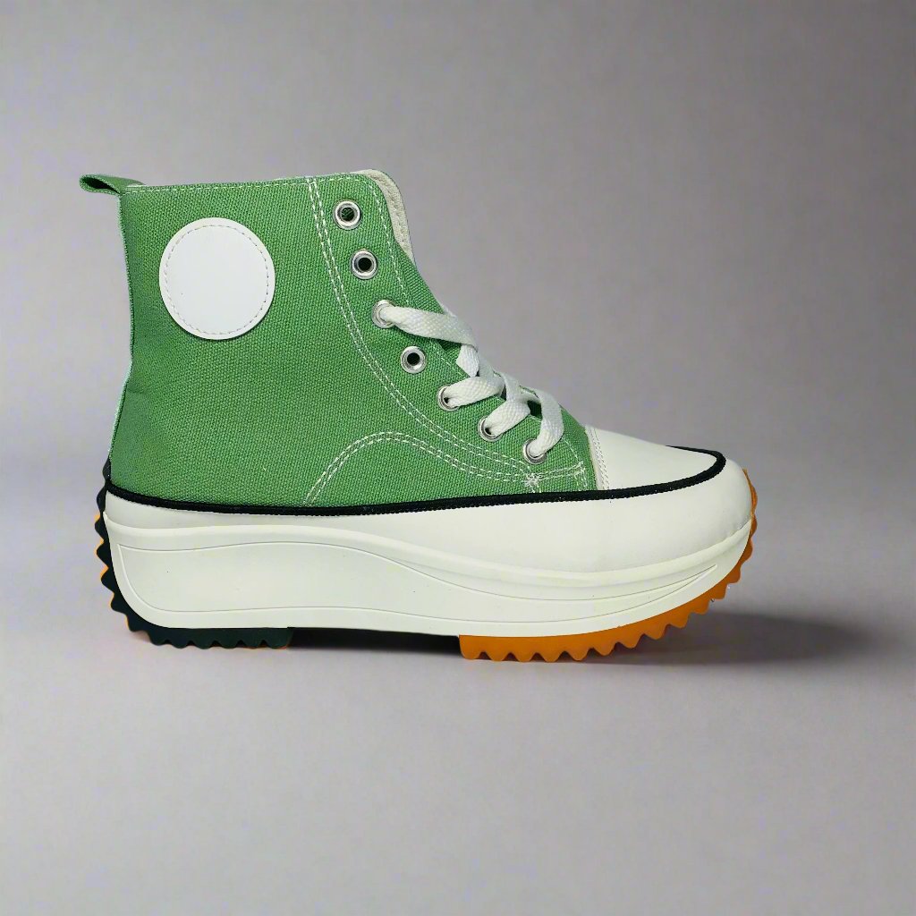 High-Top sneaker with a Green colour canvas upper, The shoe Features a chunky white sole with a brown rubber sole.