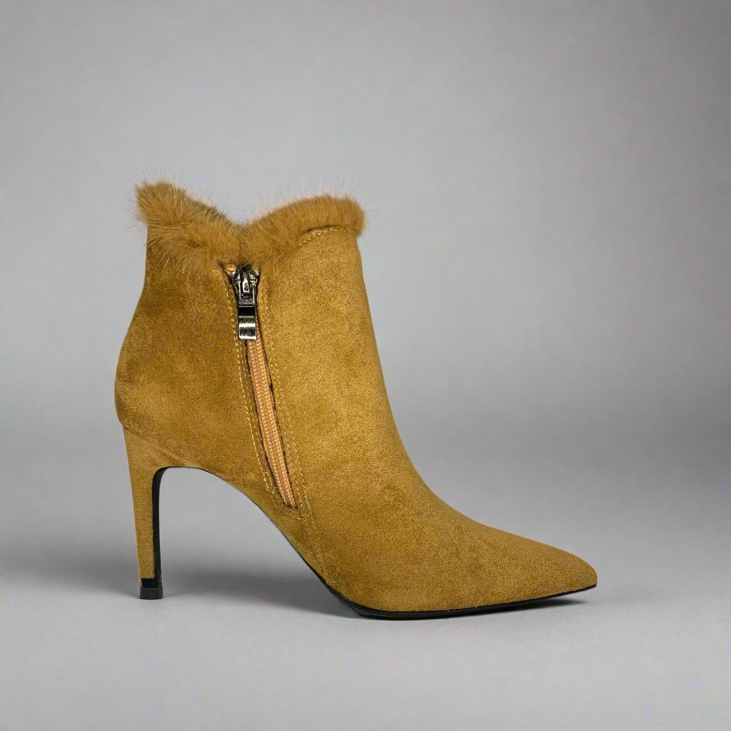 women's camel suede ankle boots with faux fur trim, and stiletto heel