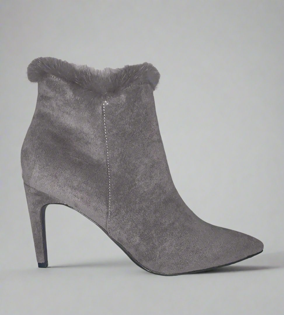 Grey suede ankle boots with faux fur trim, and stiletto heel