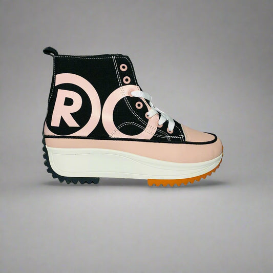 High-Top sneaker with a Chunky Pink canvas upper, The shoe Features a chunky white sole with a brown rubber sole.