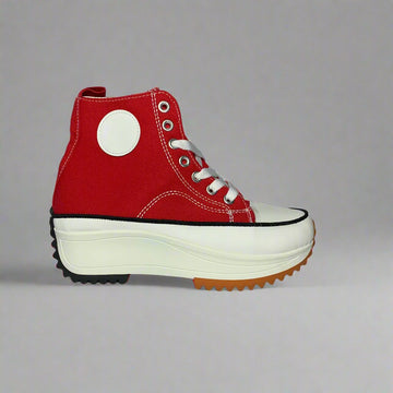 High-Top sneaker with a Red canvas upper, The shoe Features a chunky white sole with a brown rubber sole.