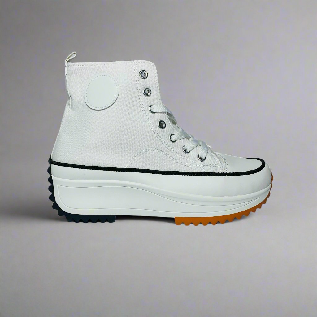 High-Top sneaker with a White canvas upper, The shoe Features a chunky white sole with a brown rubber sole.